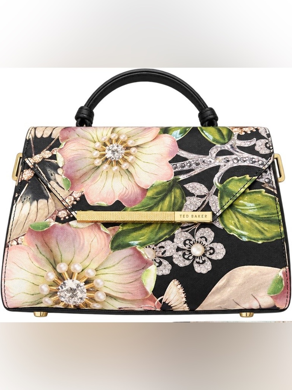 Ted Baker Black Floral Top-Handle Satchel with Pink & Green Accents